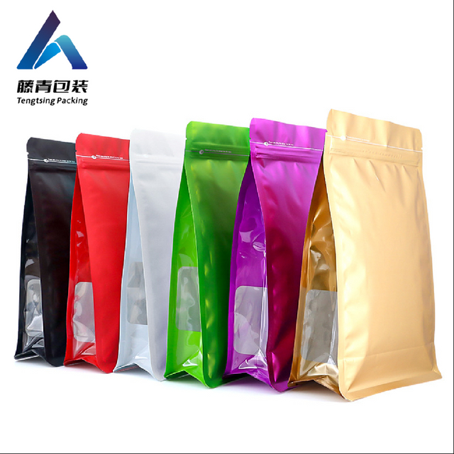 Sac de caf&eacute; en papier d'aluminium scell&eacute; &agrave; huit c&ocirc;t&eacute;s avec fen&ecirc;tre lat&eacute;rale color&eacute;e, sac scell&eacute; pour collation de th&eacute;, sac de noix et de c&eacute;r&eacute;ales diverses